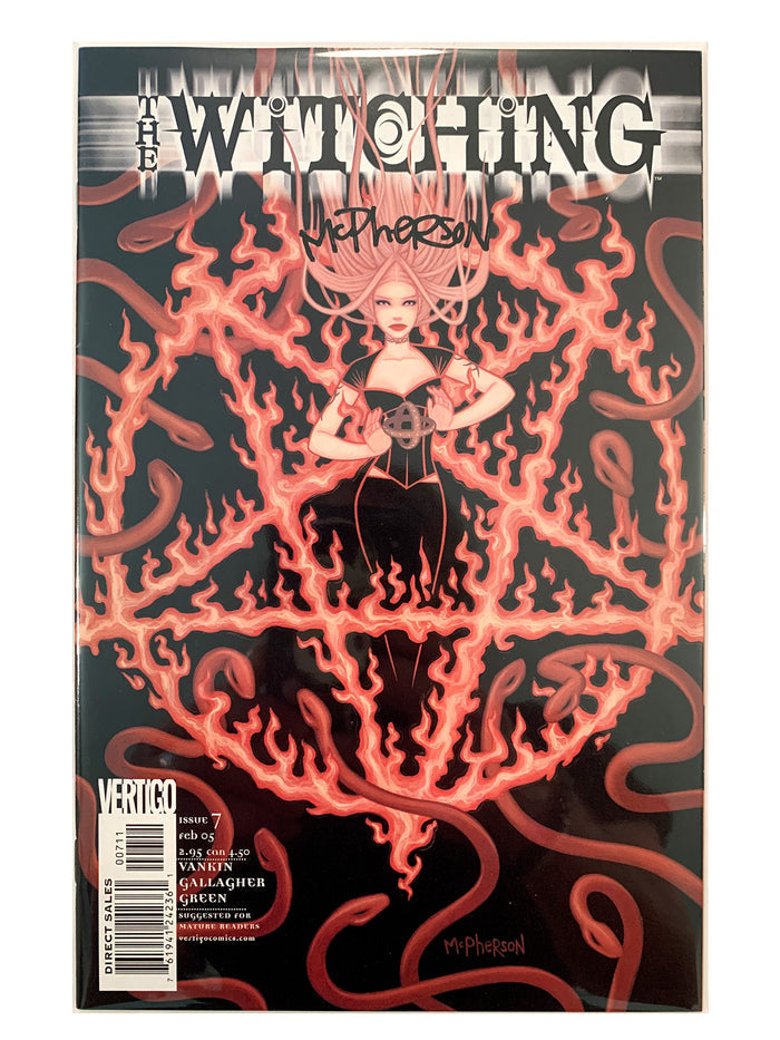 The Witching II: Nepheles comic book issue 7, featuring a dark illustration of a woman surrounded by glowing red and orange flame-like branches, with the title 'The Witching' at the top and a Vertigo logo at the bottom left. Signed by Tara McPherson
