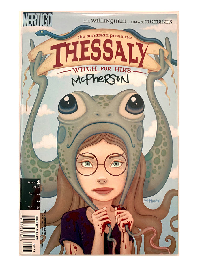 Front cover of the comic book Vertigo Presents: Thessaly, Witch for Hire #1, featuring an illustrated young woman wearing a frog hood with tentacles, holding blood-stained hands against a pale sky background. Signed by Tara McPherson