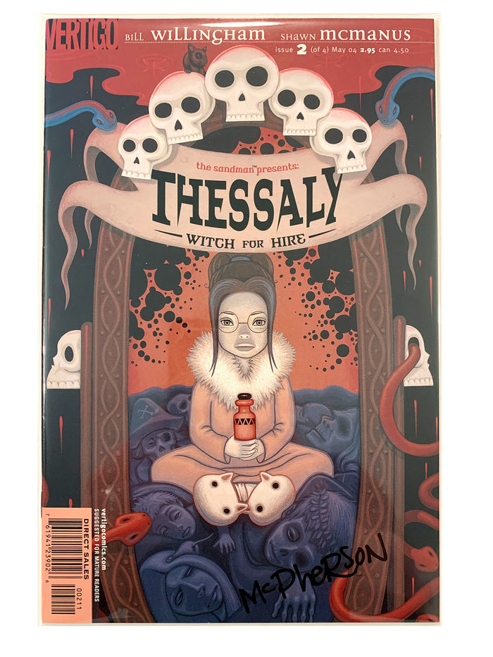 A comic book cover for 'The Thessaly Witch for Hire' featuring a stylized illustration of a seated figure in a dark room with skulls, snakes, and a red-and-black background. The title 'THESSALY' is prominently displayed across the top. signed by Tara McPherson