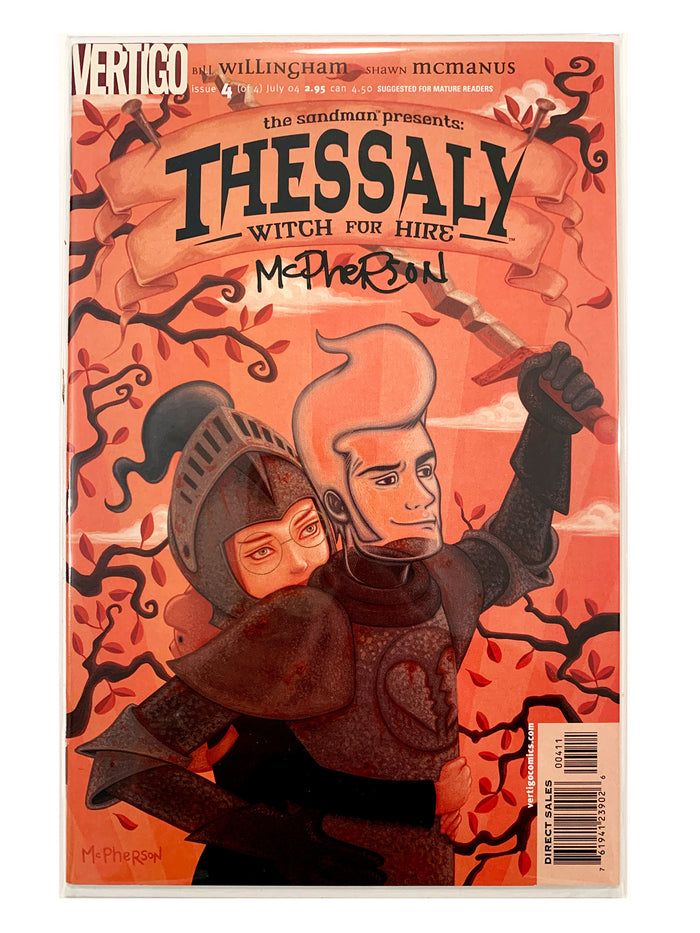 A comic book cover for Vertigo's 'Thessaly Witch for Hire' featuring stylized illustrated characters in dark clothing against a warm orange background with decorative branches. signed by Tara McPherson