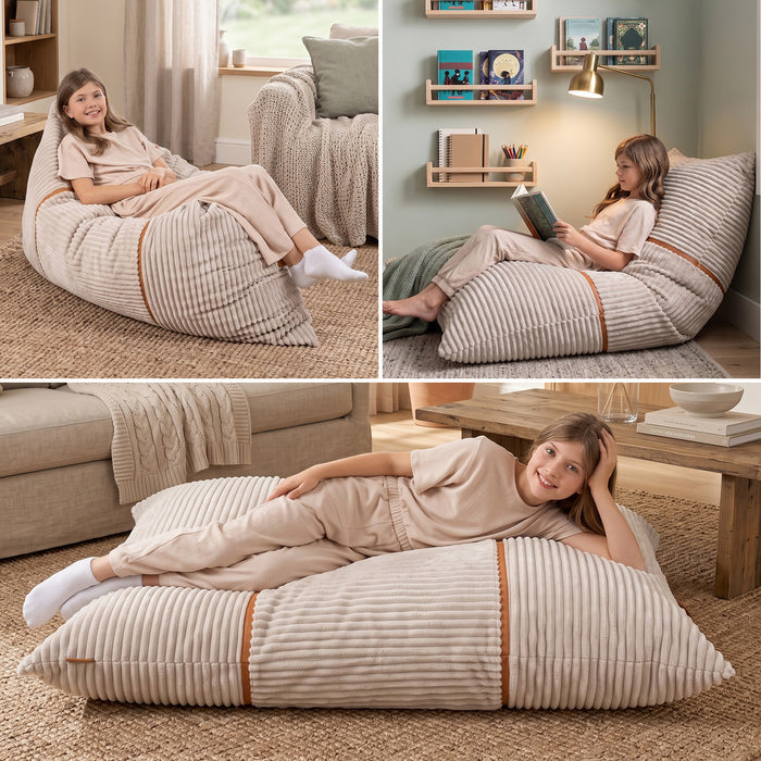 Three-panel lifestyle collage showing a young girl wearing beige loungewear while reclining on a large ribbed floor bean bag chair in a cozy living room. The bean bag has brown leather-like trim accents and is shown in different settings: on its own, angled in a corner, and with the child lying on it. #color_vanilla-latte-corded-plush