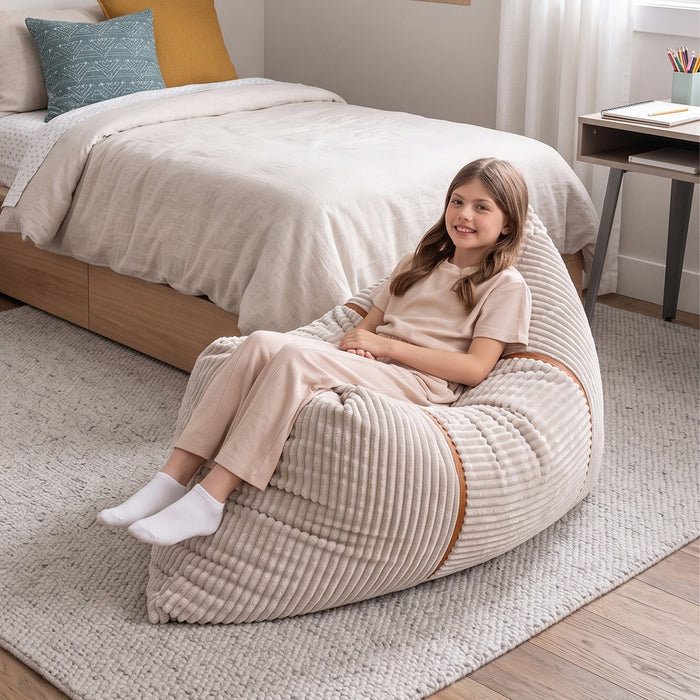 A young girl wearing a beige short-sleeve top and matching pants sits on a large ribbed corduroy bean bag chair in a cozy bedroom setting. #color_vanilla-latte-corded-plush