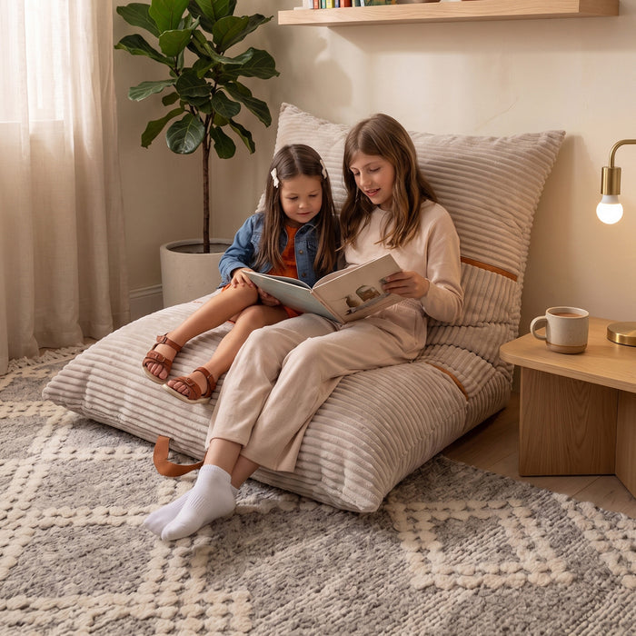 A woman and a child relax on a large striped beige floor cushion in a cozy room, reading a book together. The scene includes a wooden side table with a mug, a potted plant, and warm ambient lighting. #color_vanilla-latte-corded-plush